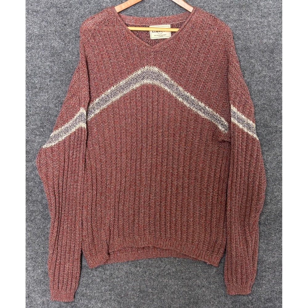 Liberty By Old Glory Men's Knit Sweater Size Large Red Striped‎ Long Sleeve